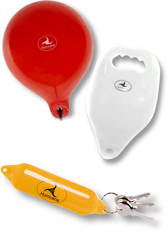 Image of Red Hurricane Marker Buoy, White Hurricane Pickup Buoy, and a Yellow Floating Keyring