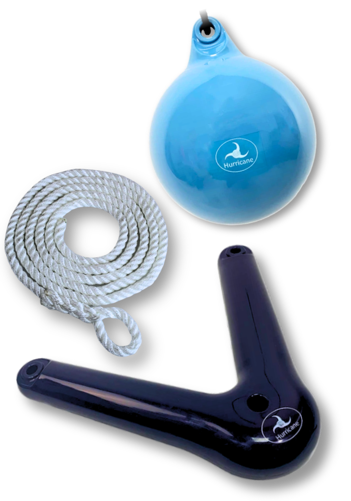Image of one Blue Hurricane Ball Fender, One Spool of White rope, and one Navy Bow Fender.