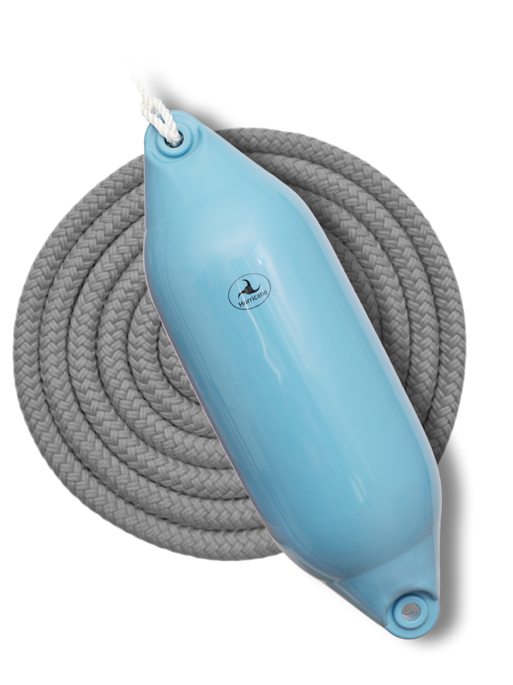 Image of one blue Original Hurricane Boat Fender and one spool of rope